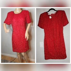 NWT Vintage Felicity Silk Red Sequin Beaded Short Sleeve Coctail Dress Size MP